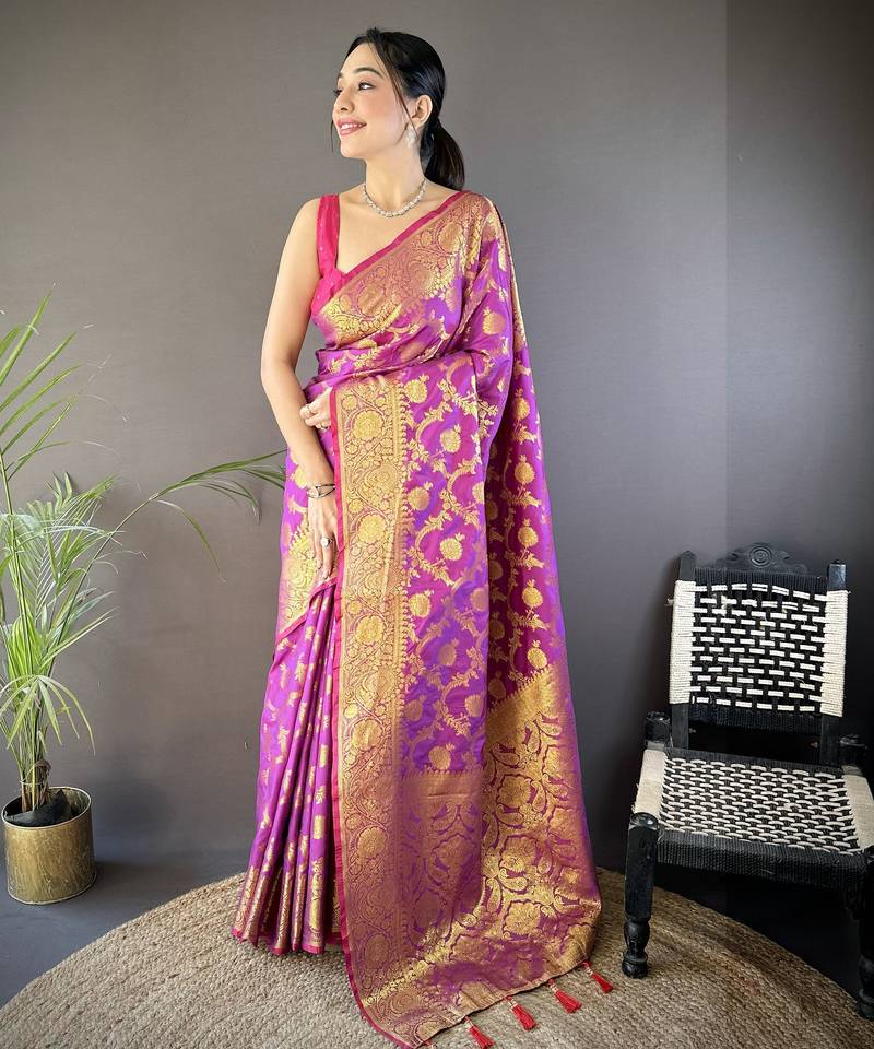 purple soft silk blend banarasi zari woven saree with unstitched blouse piece.