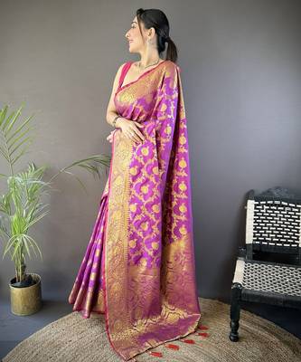 purple soft silk blend banarasi zari woven saree with unstitched blouse piece. 2