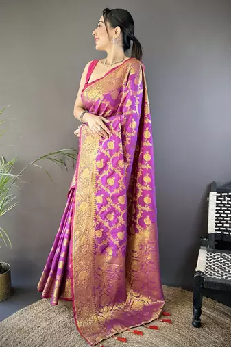 purple soft silk blend banarasi zari woven saree with unstitched blouse piece.