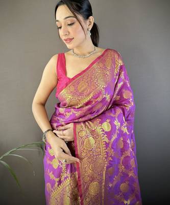 purple soft silk blend banarasi zari woven saree with unstitched blouse piece. 3