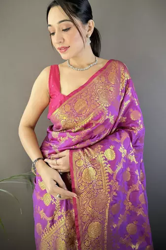 purple soft silk blend banarasi zari woven saree with unstitched blouse piece.