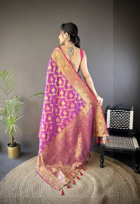purple soft silk blend banarasi zari woven saree with unstitched blouse piece. 4