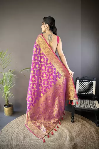 purple soft silk blend banarasi zari woven saree with unstitched blouse piece.
