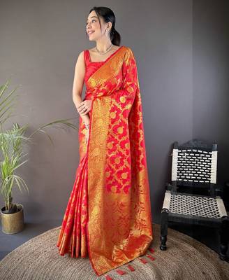 red soft silk blend banarasi zari woven saree with unstitched blouse piece. 1