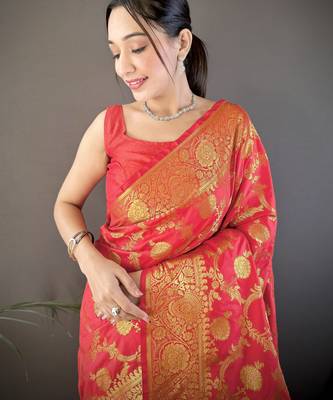 red soft silk blend banarasi zari woven saree with unstitched blouse piece. 3