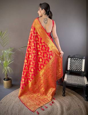 red soft silk blend banarasi zari woven saree with unstitched blouse piece. 4