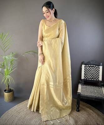 beige soft cotton blend zari checks saree with unstitched blouse piece. 1