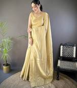 beige soft cotton blend zari checks saree with unstitched blouse piece.