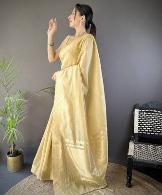 beige soft cotton blend zari checks saree with unstitched blouse piece. 2