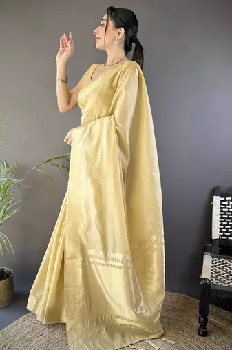 beige soft cotton blend zari checks saree with unstitched blouse piece.