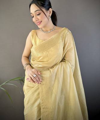 beige soft cotton blend zari checks saree with unstitched blouse piece. 3