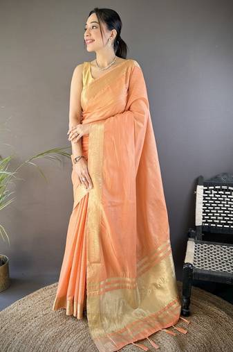 orange soft cotton blend zari checks saree with unstitched blouse piece.