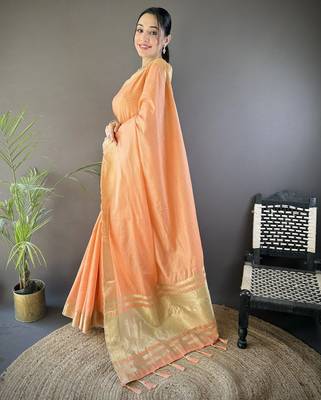 orange soft cotton blend zari checks saree with unstitched blouse piece. 2