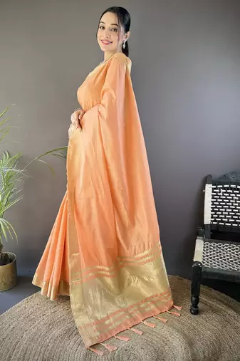 orange soft cotton blend zari checks saree with unstitched blouse piece.