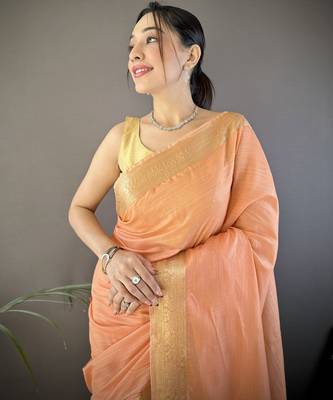 orange soft cotton blend zari checks saree with unstitched blouse piece. 3