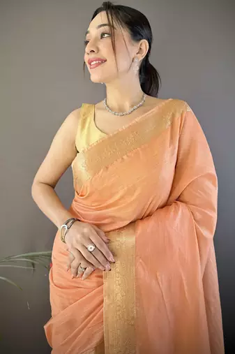 orange soft cotton blend zari checks saree with unstitched blouse piece.