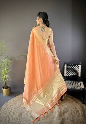 orange soft cotton blend zari checks saree with unstitched blouse piece. 4