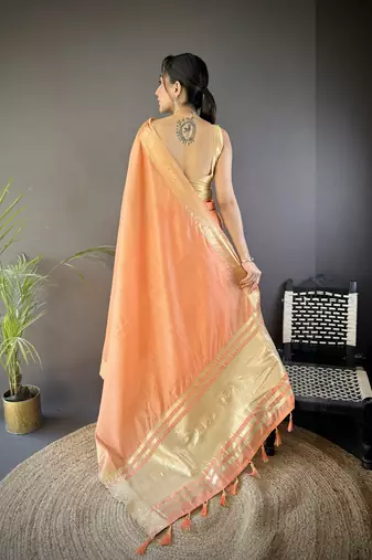 orange soft cotton blend zari checks saree with unstitched blouse piece.