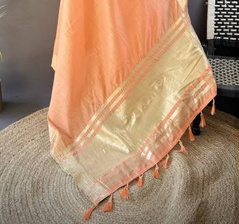 orange soft cotton blend zari checks saree with unstitched blouse piece. 5