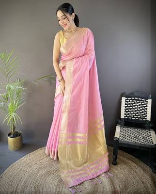 pink soft cotton blend zari checks saree with unstitched blouse piece. 1