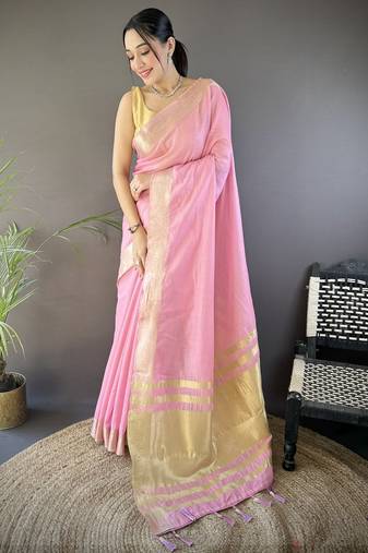 pink soft cotton blend zari checks saree with unstitched blouse piece.