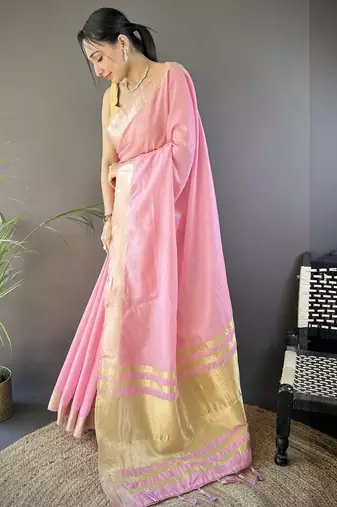 pink soft cotton blend zari checks saree with unstitched blouse piece.
