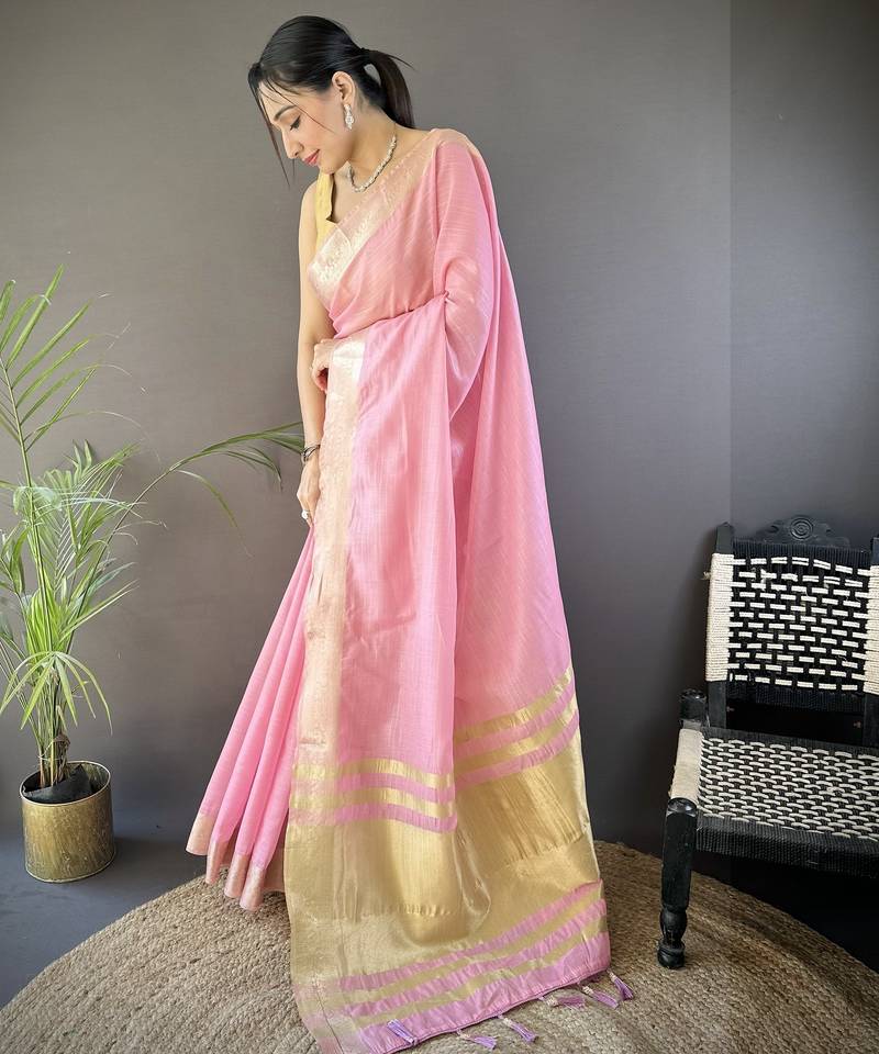 pink soft cotton blend zari checks saree with unstitched blouse piece.