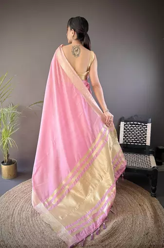 pink soft cotton blend zari checks saree with unstitched blouse piece.