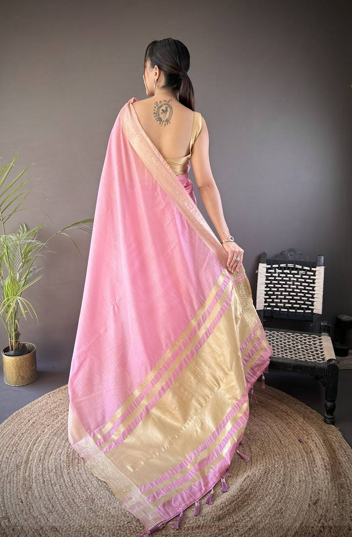 pink soft cotton blend zari checks saree with unstitched blouse piece.