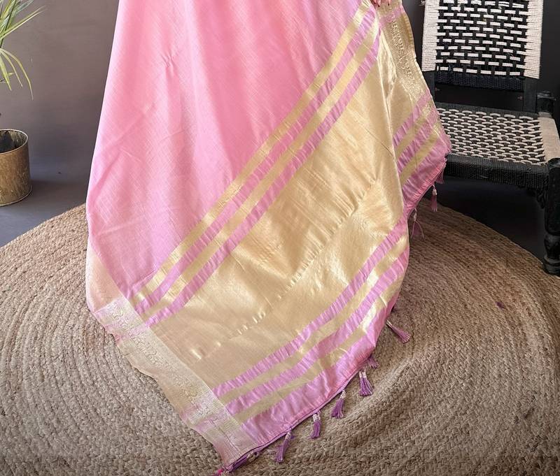 pink soft cotton blend zari checks saree with unstitched blouse piece.