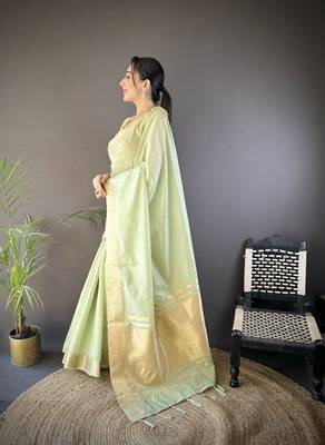 pista soft cotton blend zari checks saree with unstitched blouse piece. 2
