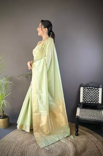 pista soft cotton blend zari checks saree with unstitched blouse piece.