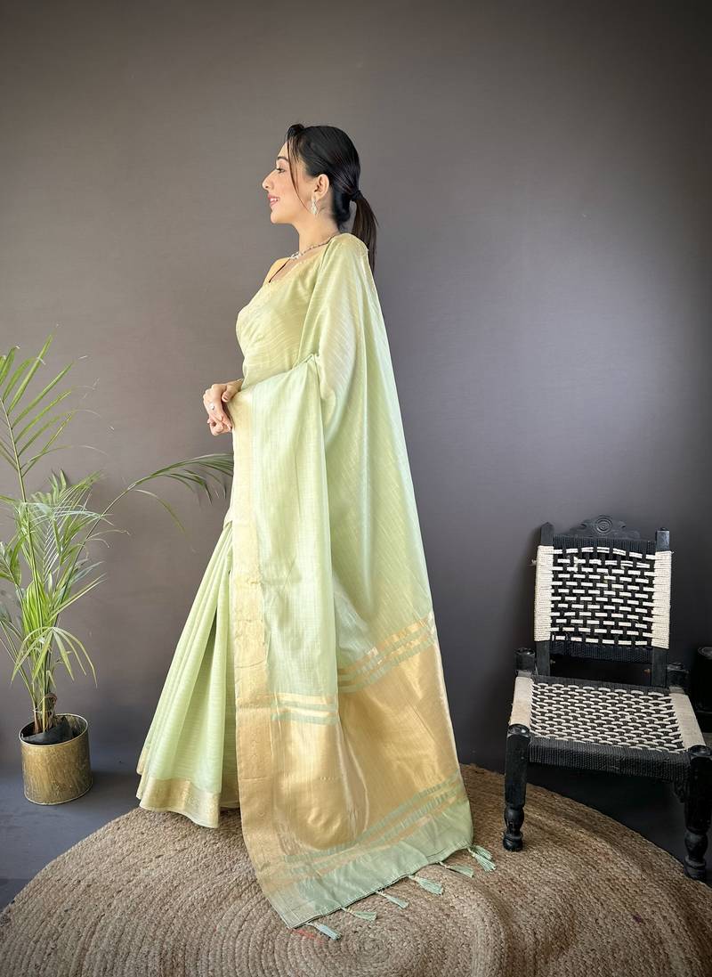 pista soft cotton blend zari checks saree with unstitched blouse piece.