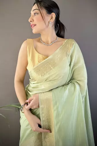 pista soft cotton blend zari checks saree with unstitched blouse piece.