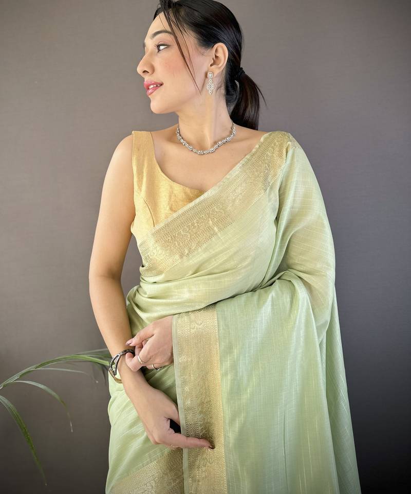 pista soft cotton blend zari checks saree with unstitched blouse piece.