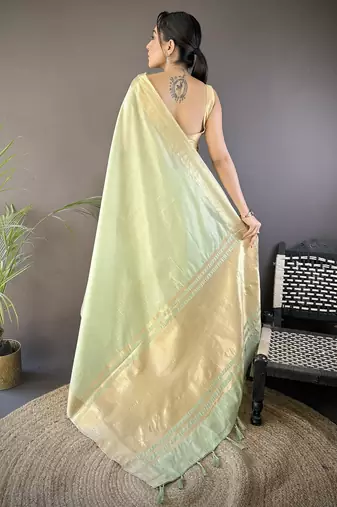pista soft cotton blend zari checks saree with unstitched blouse piece.
