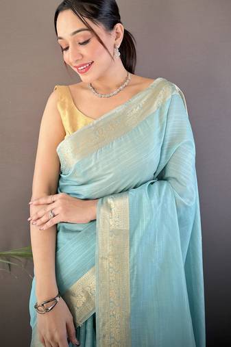 sky blue soft cotton blend zari checks saree with unstitched blouse piece.