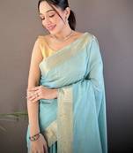 sky blue soft cotton blend zari checks saree with unstitched blouse piece.