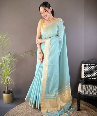 sky blue soft cotton blend zari checks saree with unstitched blouse piece. 2