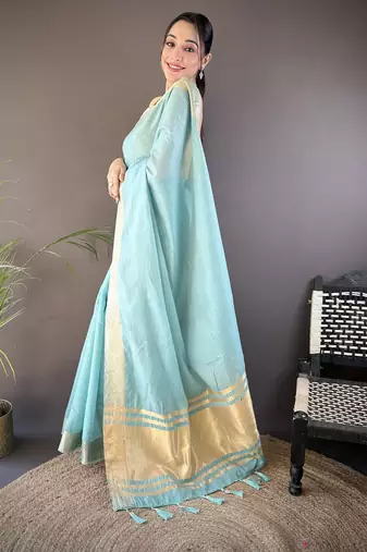 sky blue soft cotton blend zari checks saree with unstitched blouse piece.