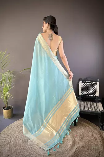 sky blue soft cotton blend zari checks saree with unstitched blouse piece.