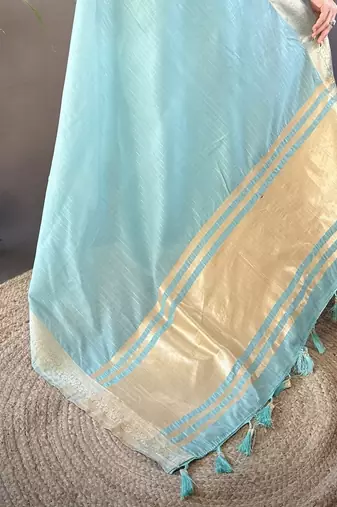 sky blue soft cotton blend zari checks saree with unstitched blouse piece.