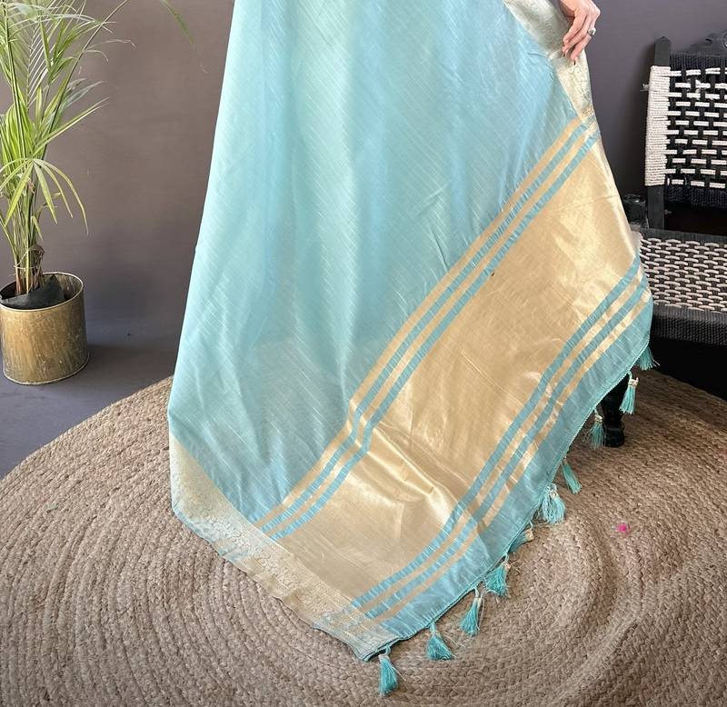 sky blue soft cotton blend zari checks saree with unstitched blouse piece.
