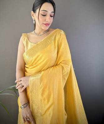 yellow soft cotton blend zari checks saree with unstitched blouse piece. 1