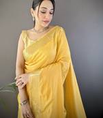yellow soft cotton blend zari checks saree with unstitched blouse piece.