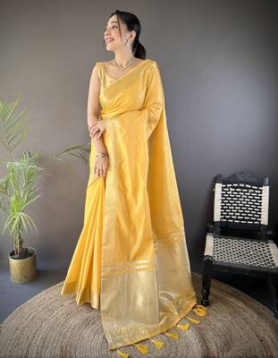 yellow soft cotton blend zari checks saree with unstitched blouse piece. 2