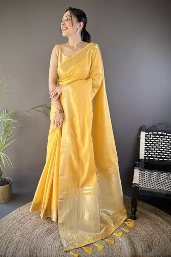 yellow soft cotton blend zari checks saree with unstitched blouse piece.