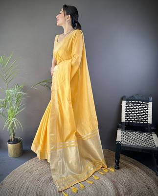 yellow soft cotton blend zari checks saree with unstitched blouse piece. 3