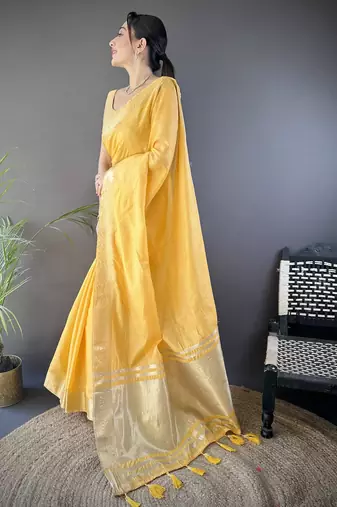 yellow soft cotton blend zari checks saree with unstitched blouse piece.