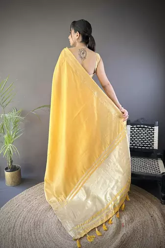 yellow soft cotton blend zari checks saree with unstitched blouse piece.